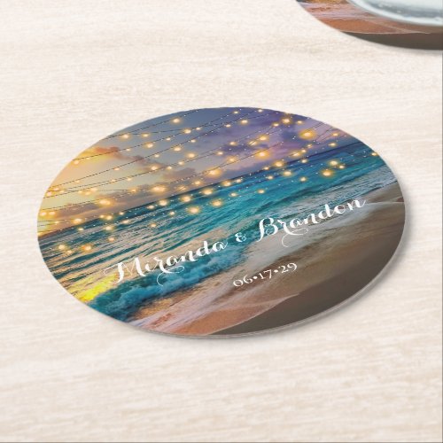 Elegant Sunset Beach String Lights Summer Wedding  Round Paper Coaster