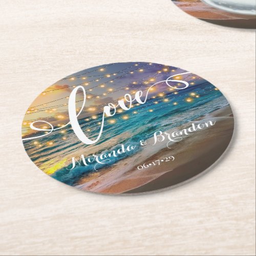 Elegant Sunset Beach String Lights Summer Wedding Round Paper Coaster