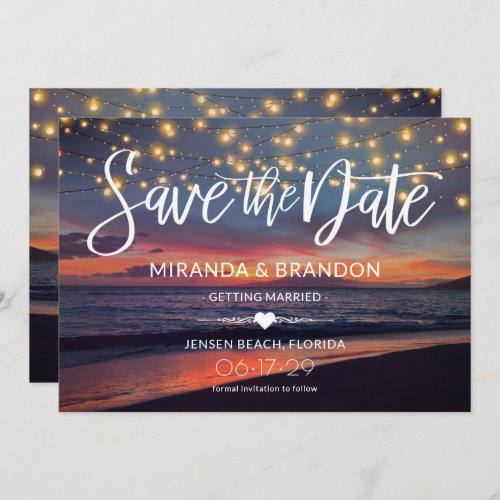 Elegant Sunset Beach String Lights Summer Wedding  Save The Date