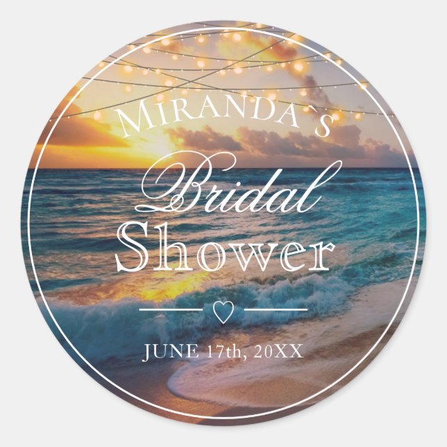 Elegant Sunset Beach Summer Bridal Shower Classic  Round Sticker (Front)