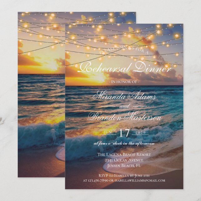 Elegant Sunset Beach Summer Rehearsal Dinner Invitation (Front/Back)