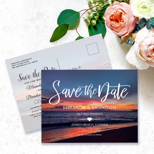 Elegant Sunset Beach Summer Wedding Announcement Postcard