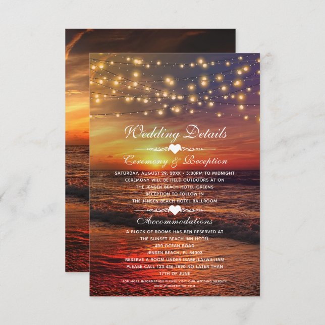 Elegant Sunset Beach Summer Wedding Details Card (Front/Back)