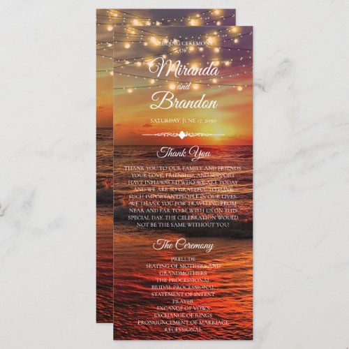 Elegant Sunset Beach Summer Wedding Program Card