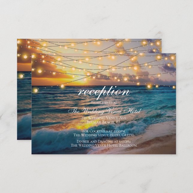 Elegant Sunset Beach Summer Wedding Reception Card (Front/Back)