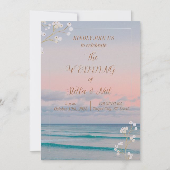 Elegant Sunset Blue Ocean Beach Wedding Invitation (Front)