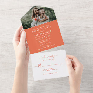 Elegant Sunset Orange Calligraphy Photo Wedding All In One Invitation