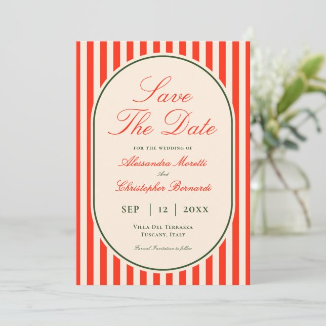 Elegant Sunset Orange Stripe Italian Wedding Save The Date (Standing Front)