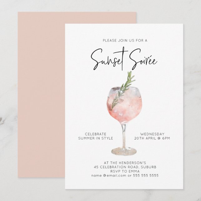 Elegant Sunset Soiree Drinks Cocktail Party Pink Invitation (Front/Back)