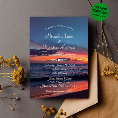 Elegant Sunset Tropical Beach Summer Wedding Invitation