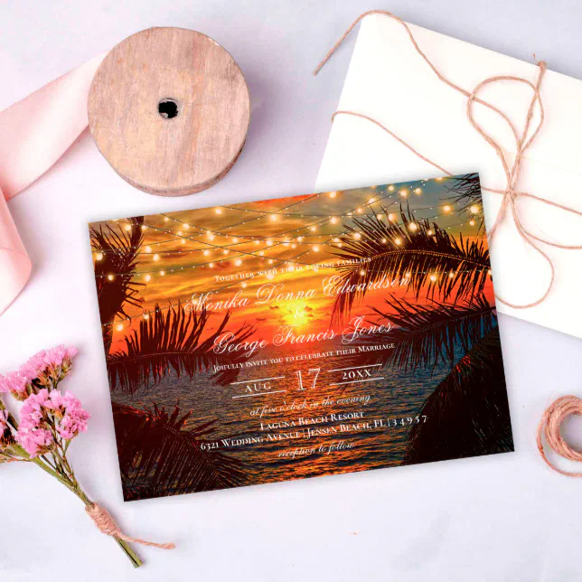 Elegant Sunset Tropical Beach Wedding Invitation | Zazzle