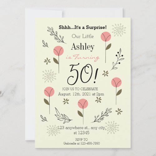 Elegant Suprise Floral 50th Birthday Invitation