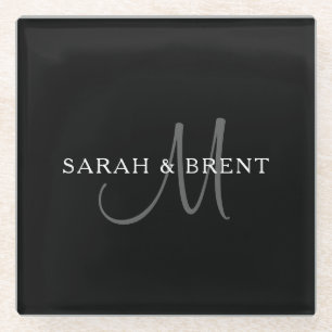 Elegant Surname Monogram Black, Grey & White Glass Coaster