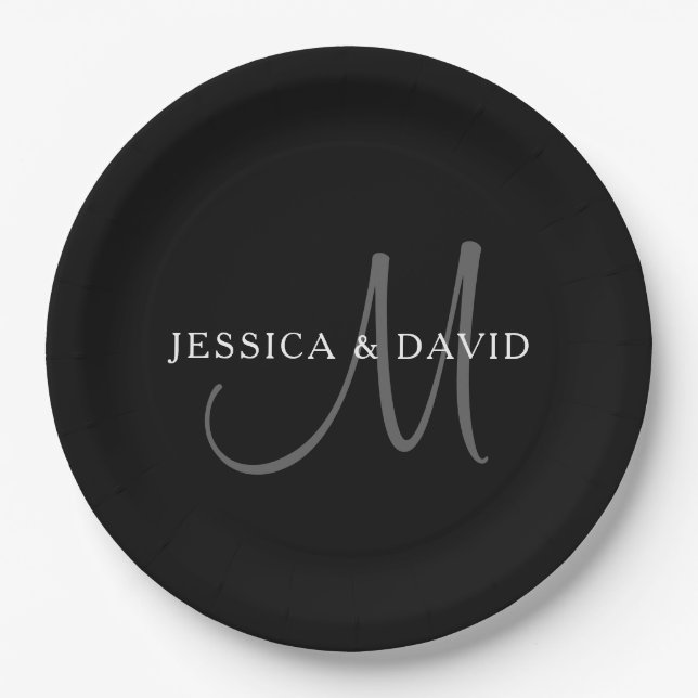 Elegant Surname Monogram | Black, Grey & White Paper Plates (Front)