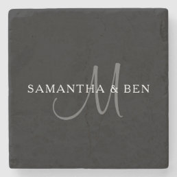 Elegant Surname Monogram | Black, Grey &amp; White Stone Coaster