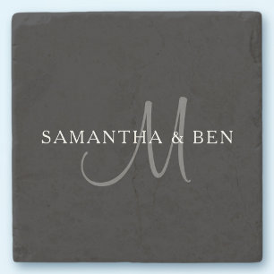 Elegant Surname Monogram   Black, Grey & White Stone Coaster