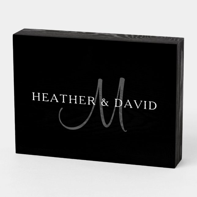 Elegant Surname Monogram | Black, Grey & White Wooden Box Sign (Angled Horizontal)