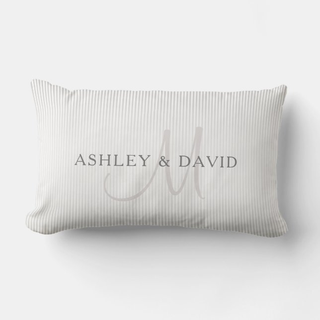 Elegant Surname Monogram & Thin Grey Stripes Lumbar Pillow (Front)