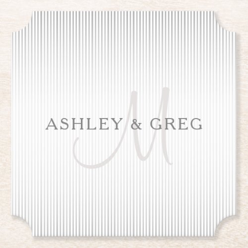 Elegant Surname Monogram  Thin Grey Stripes Paper Coaster