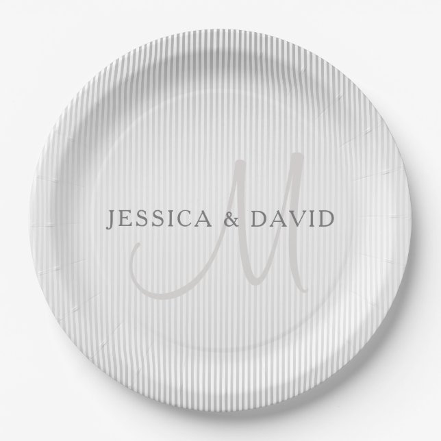 Elegant Surname Monogram & Thin Grey Stripes Paper Plates (Front)