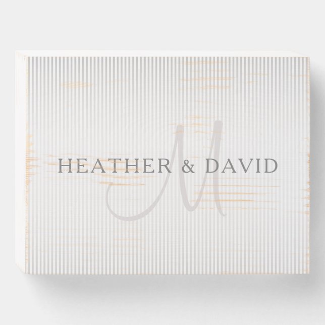 Elegant Surname Monogram & Thin Grey Stripes Wooden Box Sign (Front Horizontal)