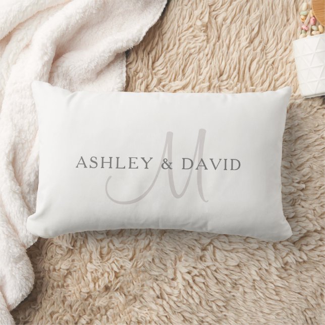 Elegant Surname Monogram | White & Grey Lumbar Pillow (Blanket)