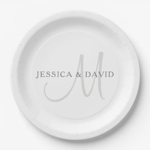Elegant Surname Monogram   White & Grey Paper Plates