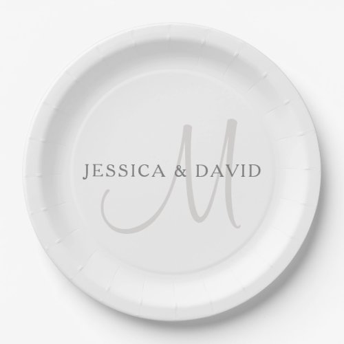 Elegant Surname Monogram  White  Grey Paper Plates