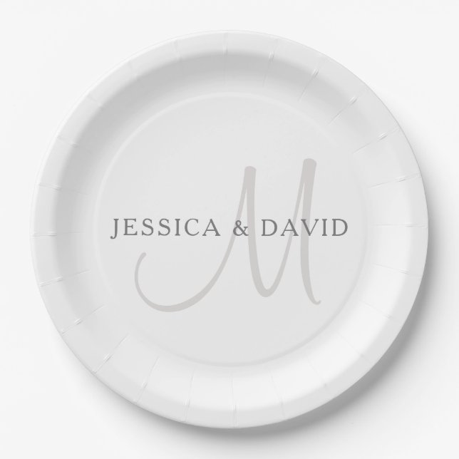 Elegant Surname Monogram | White & Grey Paper Plates (Front)