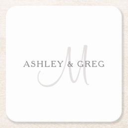 Elegant Surname Monogram | White &amp; Grey Square Paper Coaster