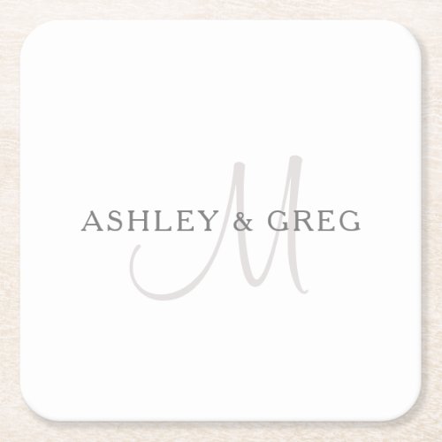 Elegant Surname Monogram  White  Grey Square Paper Coaster