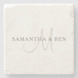 Elegant Surname Monogram | White &amp; Grey Stone Coaster