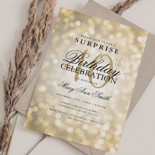 Elegant SURPRISE 40th Birthday Glam Gold Lights Invitation