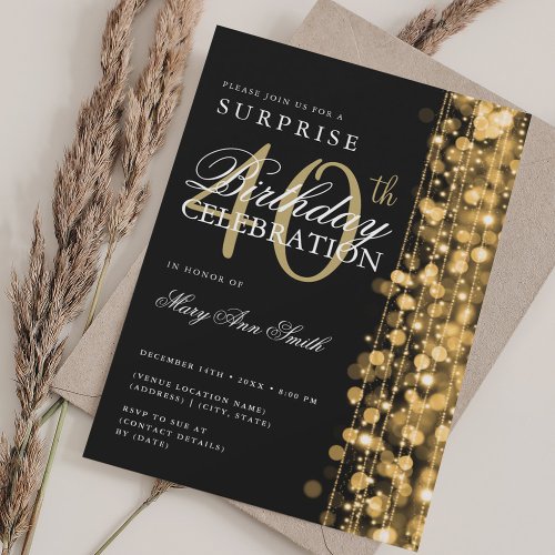 Elegant Surprise 40th Birthday Sparkles Gold Invitation