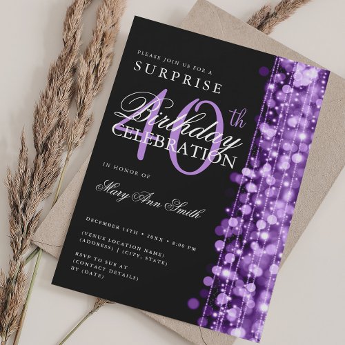 Elegant Surprise 40th Birthday Sparkles Purple  Invitation