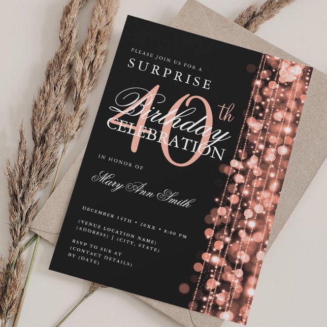 Elegant Surprise 40th Birthday Sparkles Rose Gold Invitation (Elegant Surprise 40th Birthday Sparkles Rose Gold Invitation)