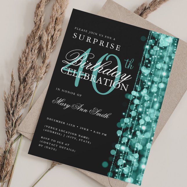 Elegant Surprise 40th Birthday Sparkles Turquoise Invitation (Elegant Surprise 40th Birthday Sparkles Turquoise Invitation)