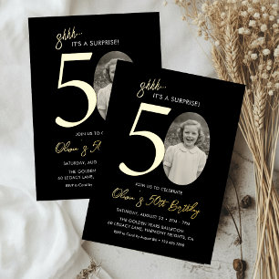 Elegant Surprise 50th Birthday Black and Gold Foil Invitation