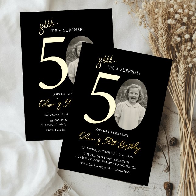 Elegant Surprise 50th Birthday Black and Gold Foil Invitation (Creator Uploaded)