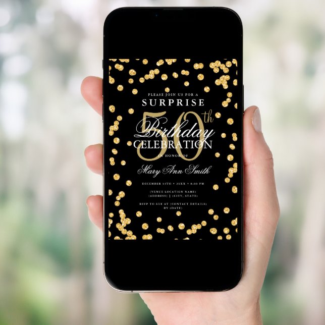 Elegant SURPRISE 50th Birthday Gold Black Invitation (Front Digital)