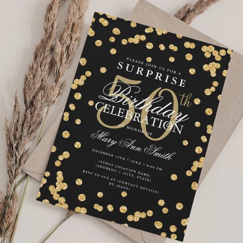 Elegant SURPRISE 50th Birthday Gold Black Invitation