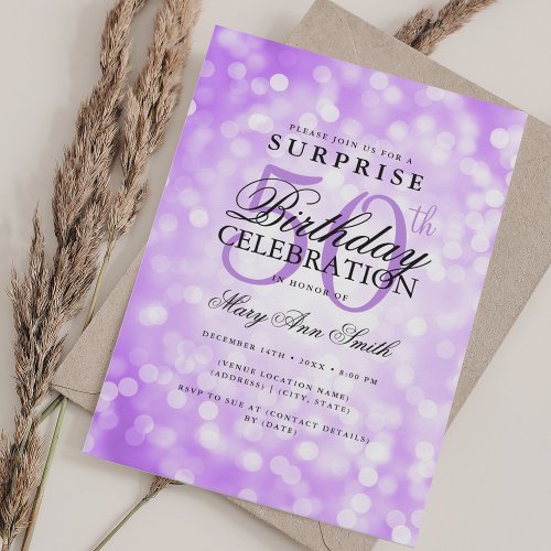 Elegant SURPRISE 50th Birthday Purple Lights Invitation