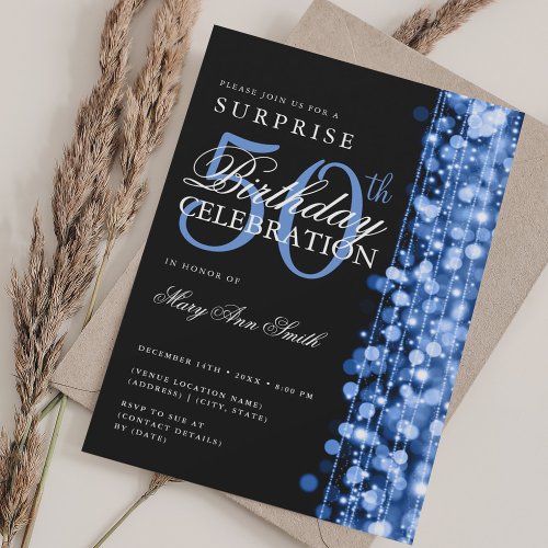 Elegant Surprise 50th Birthday Sparkles Navy Blue Invitation