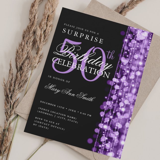 Elegant Surprise 50th Birthday Sparkles Purple  Invitation (Elegant Surprise 50th Birthday Sparkles Purple Invitation)