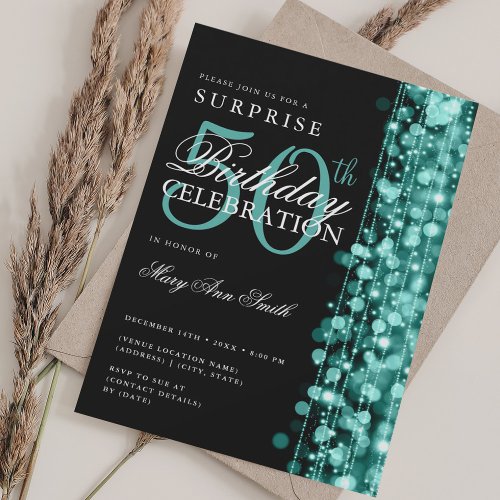 Elegant Surprise 50th Birthday Sparkles Turquoise  Invitation