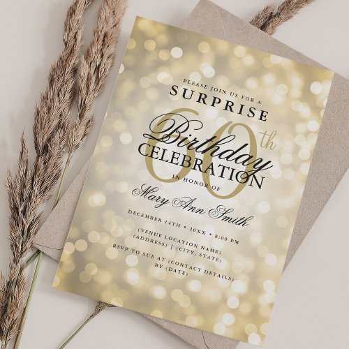 Elegant SURPRISE 60th Birthday Glam Gold Lights Invitation