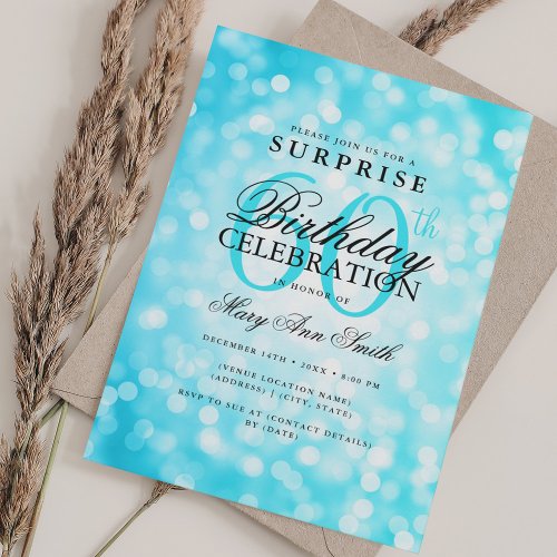 Elegant SURPRISE 60th Birthday Turquoise Lights Invitation