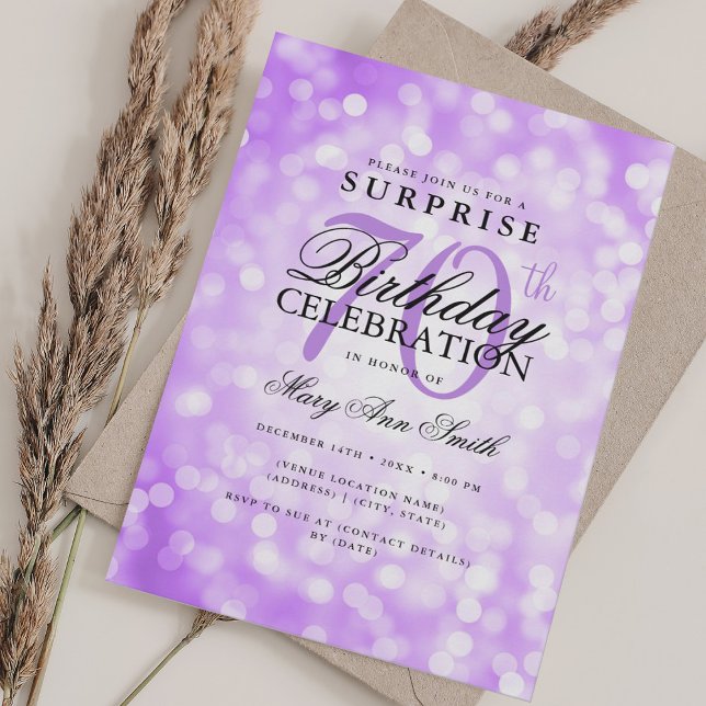 Elegant SURPRISE 70th Birthday Purple Lights Invitation (Elegant SURPRISE 70th Birthday Purple Lights Invitation)