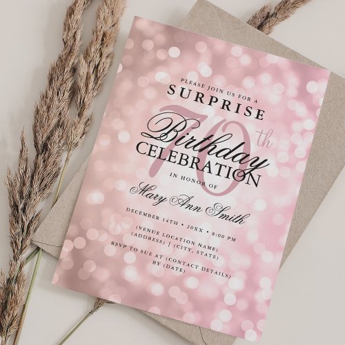 Elegant SURPRISE 70th Birthday Rose Gold Lights Invitation