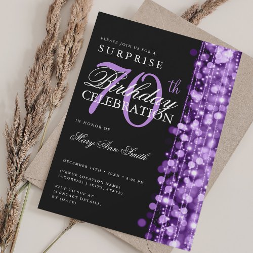 Elegant Surprise 70th Birthday Sparkles Purple  Invitation